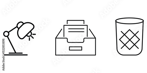 Office lamp document tray bin waste container workplace desk equipment symbol outline vector illustration minimal line icon set.