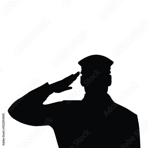 Silhouette of a uniformed officer giving a salute, symbolizing respect, military service, honor, duty, and patriotism. Ideal for armed forces, veterans, or national tribute themes.