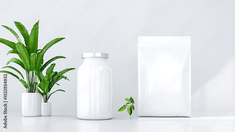 White Supplement Bottle and Pouch with Plants on White Background White Supplement Bottle and Pouch with Plants on White Background