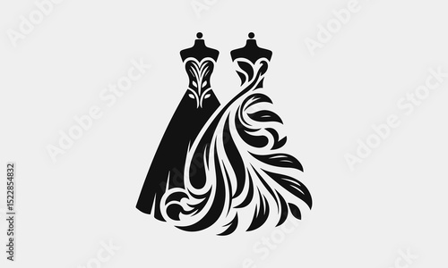 Vintage lace wedding dress vector logo with floral embellishments for wedding planners