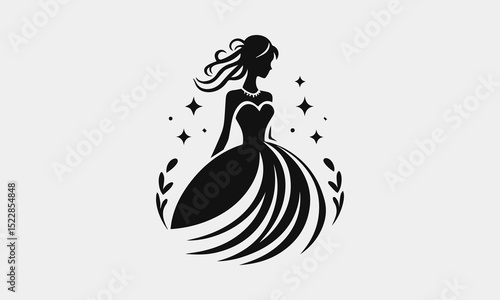 Vintage lace wedding dress vector logo with floral embellishments for wedding planners