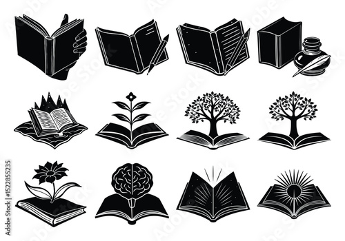Silhouette Open book with object set vector illustration on white background,