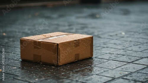 Damp cardboard package sits outside