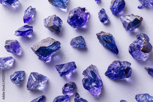 A photorealistic top-down view of uncut tanzanite crystals from Tanzania
