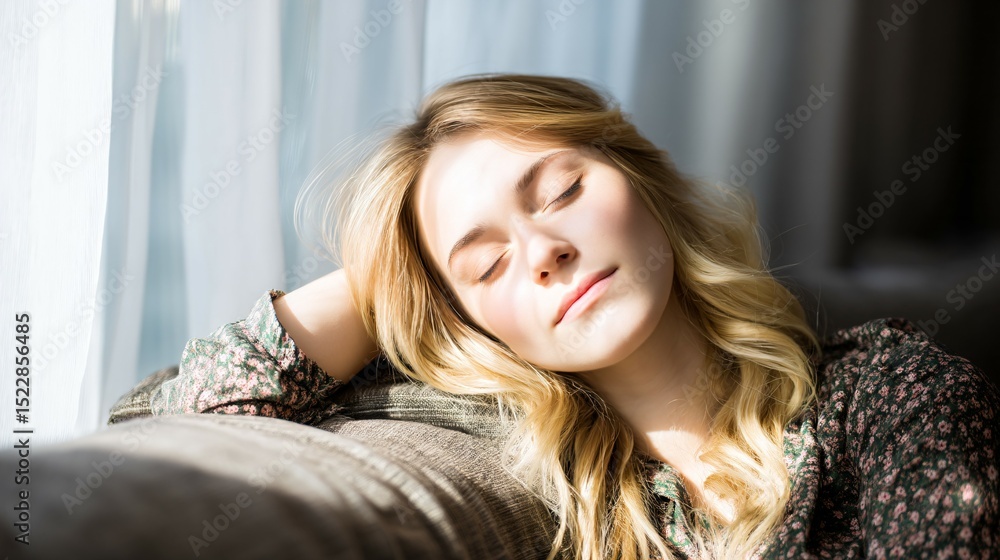 Young woman sleeping peacefully on cozy couch, enjoying rest and relaxation at home, comfort and wellbeing lifestyle concept for wellness and self care Young woman sleeping peacefully on cozy couch, enjoying rest and relaxation at home, comfort and wellbeing lifestyle concept for wellness and self care