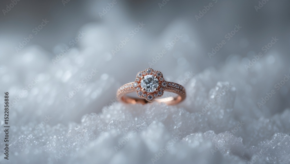 Obraz premium A beautiful ring isolated on a white background, surrounded by snow or ice, highlighting its elegance and sparkle.