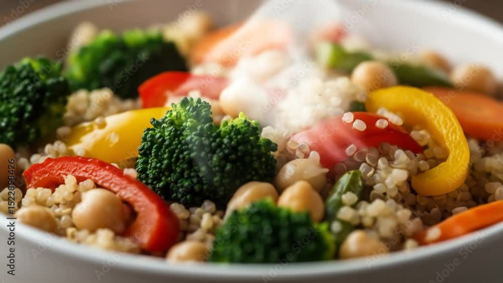 healthy food, vegetarian, Steaming quinoa bowl with vegetables and chickpeas