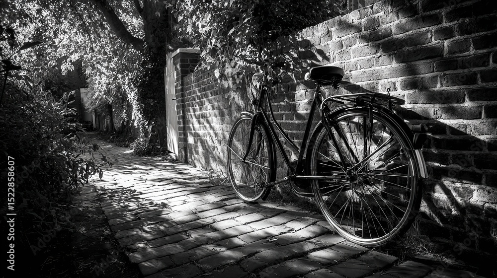 Fototapeta premium A vintage bicycle rests by a cobblestone wall, evoking timeless simplicity in monochrome.