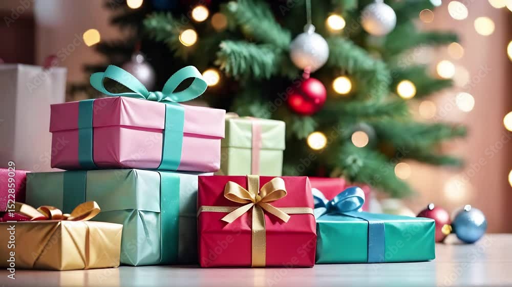 Christmas presents close-up on the background of a Christmas tree with lights. Heap of colorful presents with ribbons and bows. Christmas animation Christmas presents close-up on the background of a Christmas tree with lights. Heap of colorful presents with ribbons and bows. Christmas animation