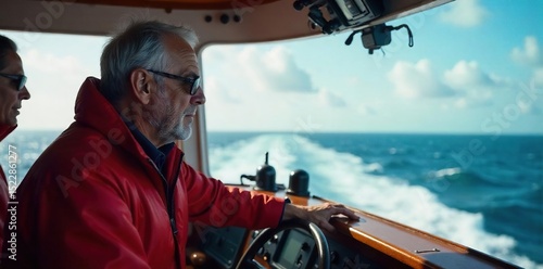 A seasoned captain skillfully navigates a large vessel, demonstrating expertise and control at sea The image conveys mastery and precision in maritime navigation , stern, journey