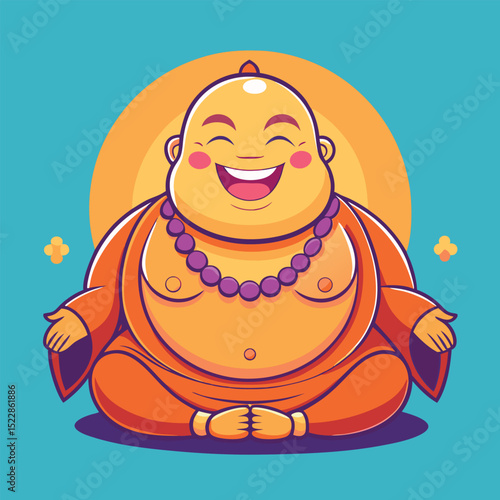 Cartoon Illustration of Laughing Buddha Meditating in Orange Robe on Blue Background