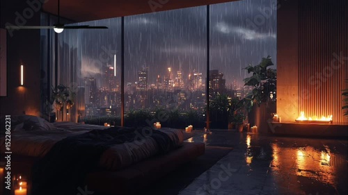 Cozy bedroom with rain and candlelight overlooking city at night seamless looping 4k time-lapse animation video background