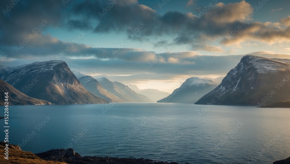 Fototapeta premium A stunning landscape featuring sea and mountains, sun and water - the northern paradise on Earth.