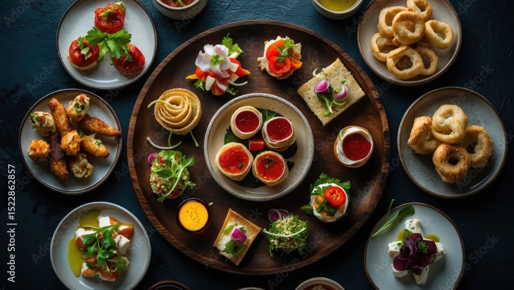 custom made wallpaper toronto digitalA top view of delicious appetizers and finger food served on a wooden plate.