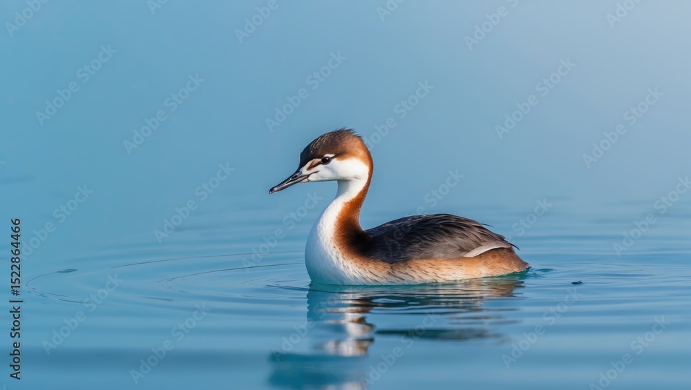 A small Pied-billed Grebe floats on calm blue water in soft sunlight with a smooth blue background. A small Pied-billed Grebe floats on calm blue water in soft sunlight with a smooth blue background.