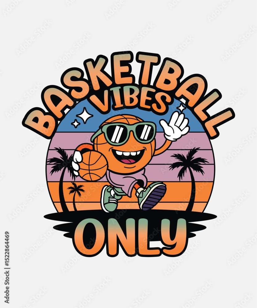 Basketball Vibes Only Graphic Design Illustration with Playful Cartoon Character, Sunset Beach Vibe, and Energetic Typography for Sportswear, Posters, and Basketball Enthusiast Decor Basketball Vibes Only Graphic Design Illustration with Playful Cartoon Character, Sunset Beach Vibe, and Energetic Typography for Sportswear, Posters, and Basketball Enthusiast Decor