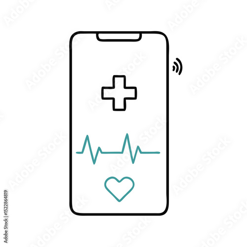 Smartphone with medical symbol and heartbeat graphic, digital heart rate monitor, mobile health concept