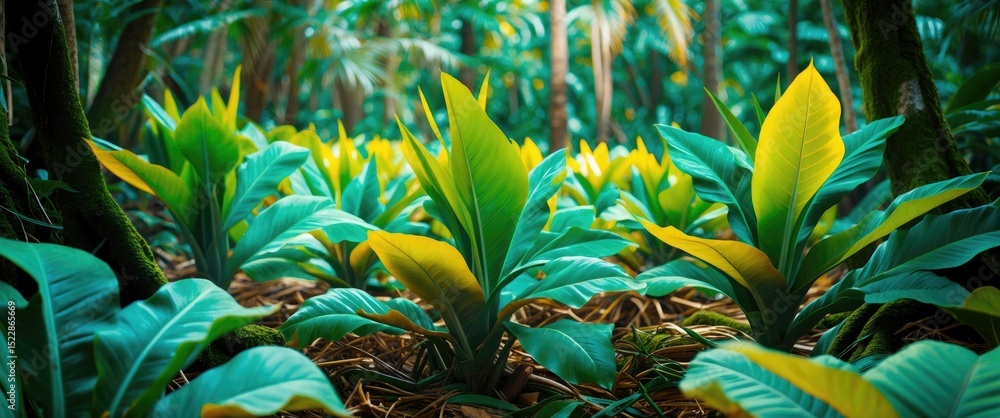 Obraz premium Fresh young taro leaves in a tropical forest