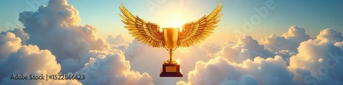 Triumphant golden trophy wing, soaring above clouds, symbolic of victory and success Perfect for celebrating achievement, winning, awards, and success concepts , leadership, trophy, top
