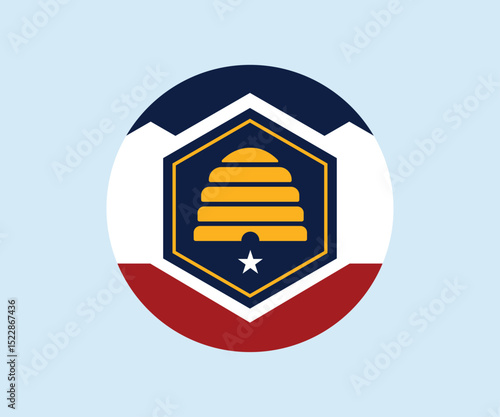 Utah State Round Flag with Beehive, Mountains, and Star. Utah State Seal in a Circular Badge.