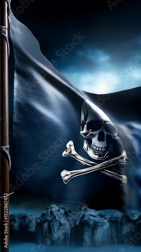 A Jolly Roger pirate flag waves in the wind on a dark, ominous night with a moody sky over a rocky, dangerous coastline, a symbol of adventure.