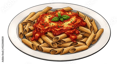 Pasta with Tomato Sauce on Plate, Illustrated Meal