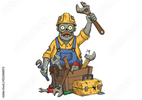 Undead Handyman A Hilarious Zombie Cartoon Illustration of a Construction Worker with Tools