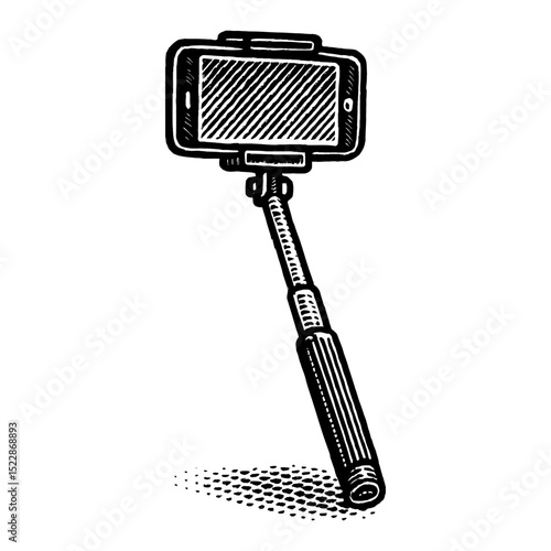 Selfie Stick with Phone Black and White Outline Line Art Drawing Vintage Style Isolated