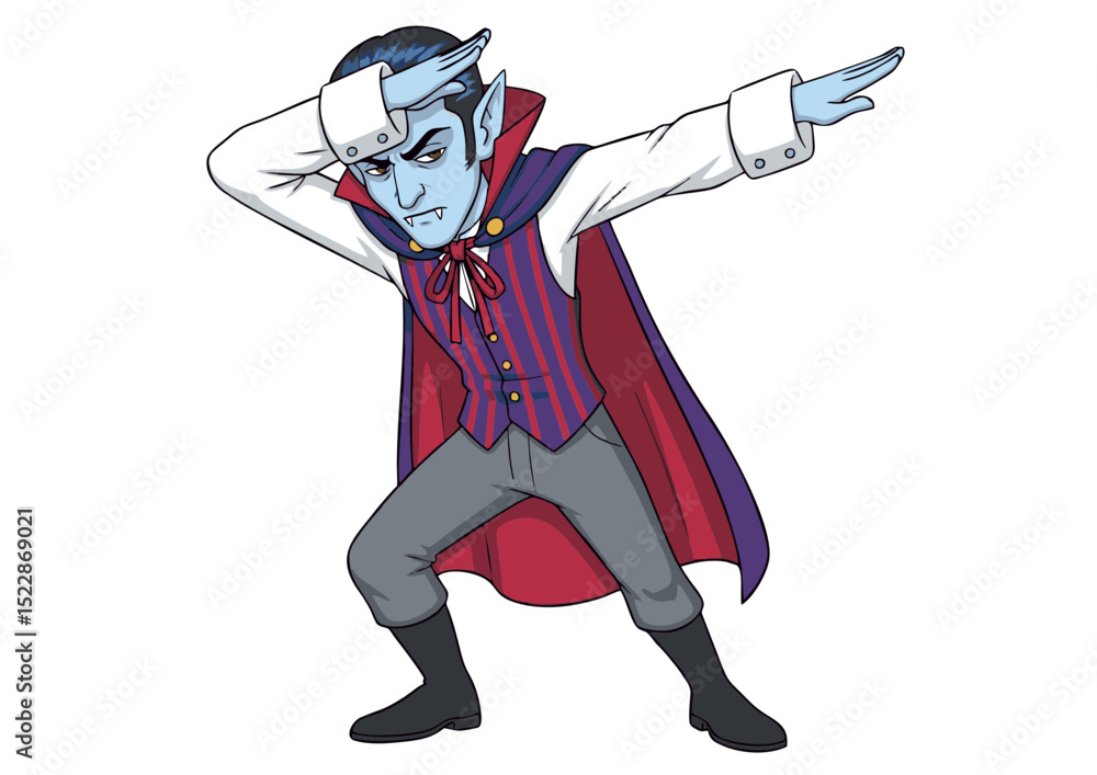 Fototapeta premium Spooky Season Dabbing Vampire Halloween Cartoon Illustration, Funny Vampire Character Design, Digital Art, Vector Graphic, Costume Party, Masquerade, Festive Illustration