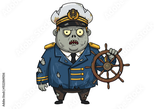 Undead Sea Captain A Spooky Zombie Illustration of a Decaying Naval Officer Holding a Ship's Wheel, Perfect for Halloween or Horror Themes