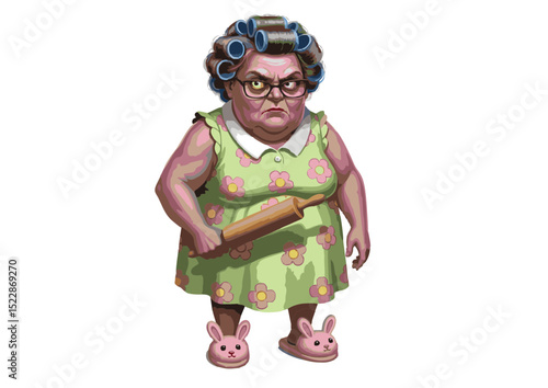 Angry Granny with Rolling Pin, Illustration of a Grumpy Elderly Woman in Curlers and Bunny Slippers, Digital Art