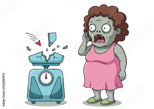 Shocked Zombie Woman Witnessing a Broken Weighing Scale A Hilarious Illustration of Unexpected Weight Loss or Unexpectedly Heavy Weight