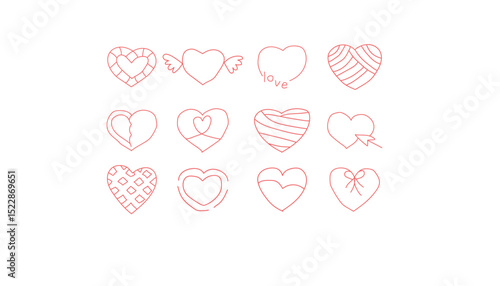 A set of 12 unique hand-drawn hearts, each with different patterns and styles
