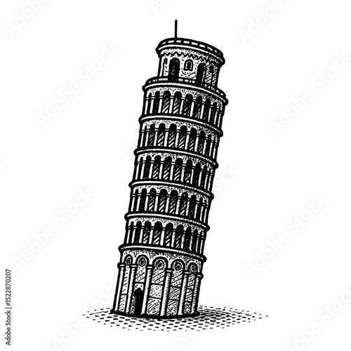 Leaning Tower of Pisa Italy Landmark Famous Tourist Attraction Black and White Outline Line Art Drawing