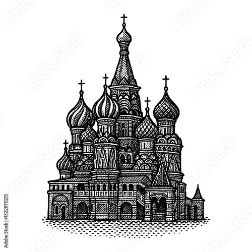 St Basils Cathedral in Moscow Russia Black and White Outline Line Art Drawing Illustration