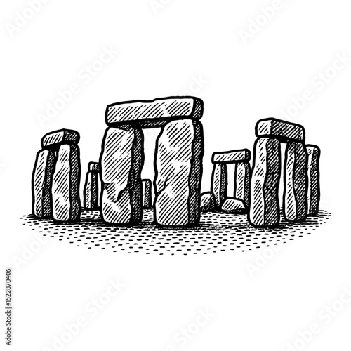 Stonehenge Silhouette in Black and White Outline Line Art Drawing Illustration Engraving Style