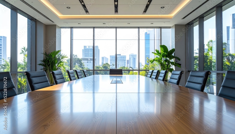 Fototapeta premium Conference room view wood table, leather chairs, floor to ceiling windows, city background