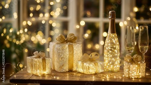 Festive holiday setup with glowing lights, wrapped gifts, and champagne on an elegant table, celebrating warmth and joy