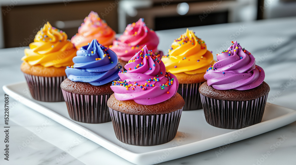 Colorful cupcakes with vibrant frosting and sprinkles on white plate Colorful cupcakes with vibrant frosting and sprinkles on white plate