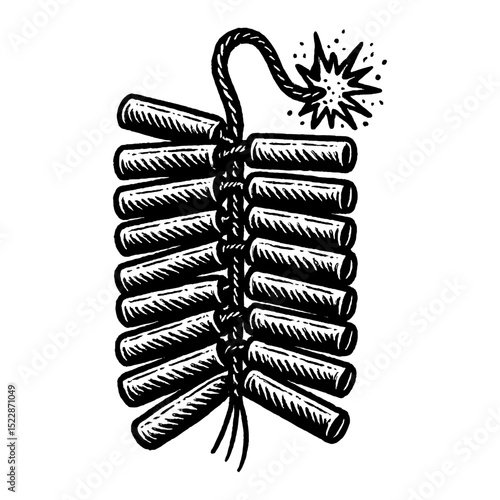 Firecrackers Explosion Black and White Outline Line Art Drawing Isolated on White Background