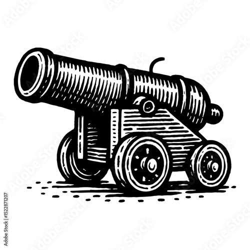 U 85 Cannon Side View Black and White Outline Line Art Drawing Woodcut Style Vintage Illustration