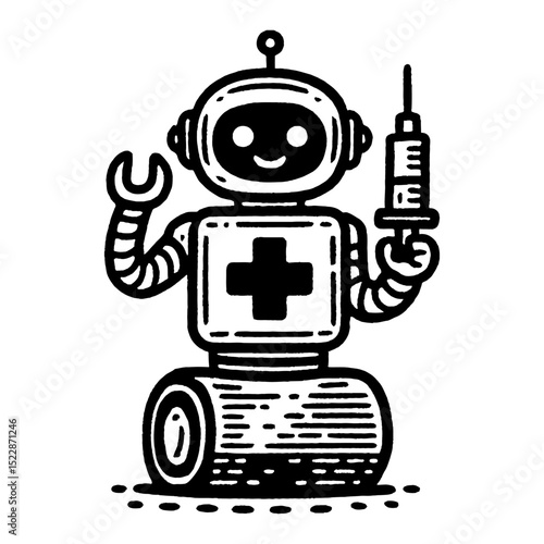 Robot Holding Syringe and Wrench in Black and White Outline Line Art Drawing Illustration