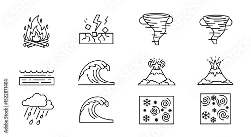 Natural Disaster Icons Line Art Set for Design Projects