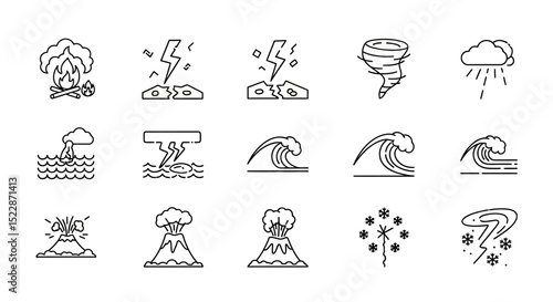 Natural Disaster Icons Line Art Collection of Weather and Geological Events