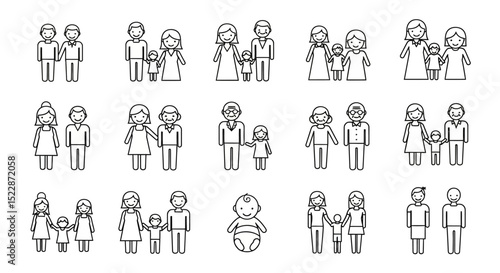 Family Icon Set Diverse Line Drawings of Parents and Children