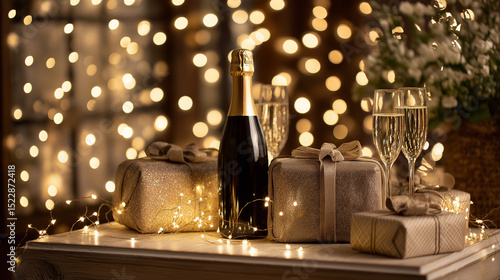 Wallpaper Mural Festive holiday setup with glowing lights, wrapped gifts, and champagne on an elegant table, celebrating warmth and joy Torontodigital.ca