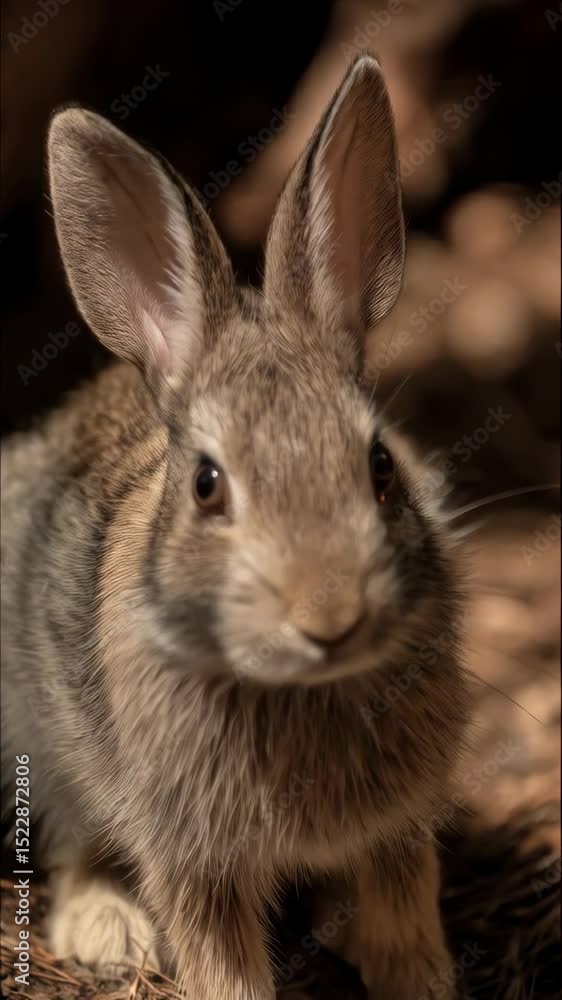 Alert brown rabbit stands in dry grass, staring directly forward, its ears are tall and perked up. Natural habitat of wild animal. Alert brown rabbit stands in dry grass, staring directly forward, its ears are tall and perked up. Natural habitat of wild animal.