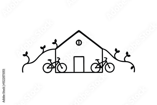 Rustic ghar with bicycle and creeping vines decor vector art illustration