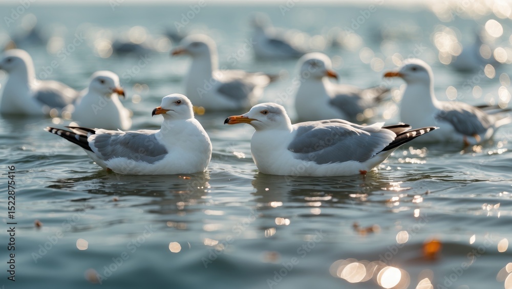 Fototapeta premium Seagulls Resting on the Water Before Flying to Find Food with Empty Space for Text
