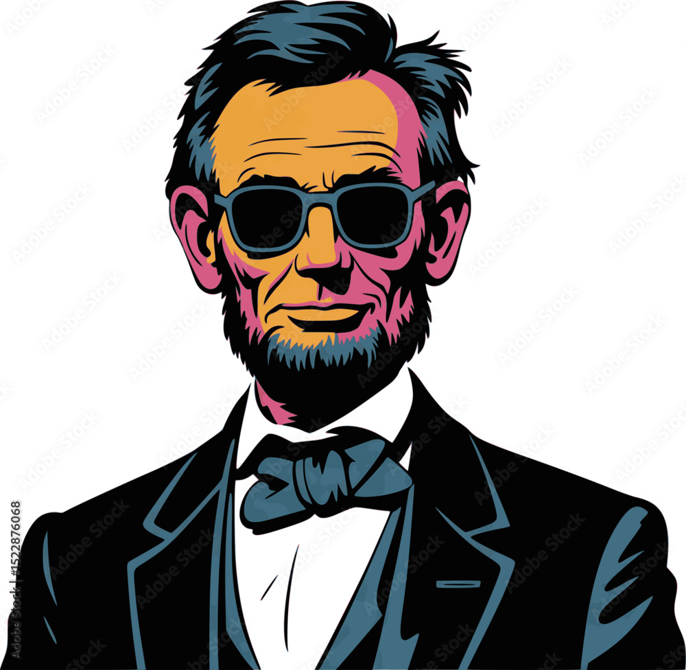 Pop Art Abraham Lincoln Illustration vector – Cool President Portrait with Sunglasses, Suit and Bow Tie – Transparent Background Pop Art Abraham Lincoln Illustration vector – Cool President Portrait with Sunglasses, Suit and Bow Tie – Transparent Background